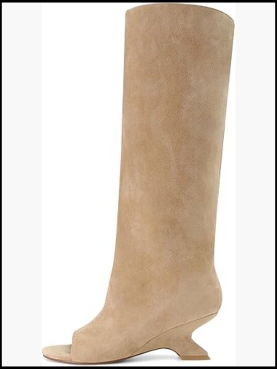 Shoes - Peep Toe Wedge Heel Knee High Boots Pull On Suede Long Tall Fashion Booties